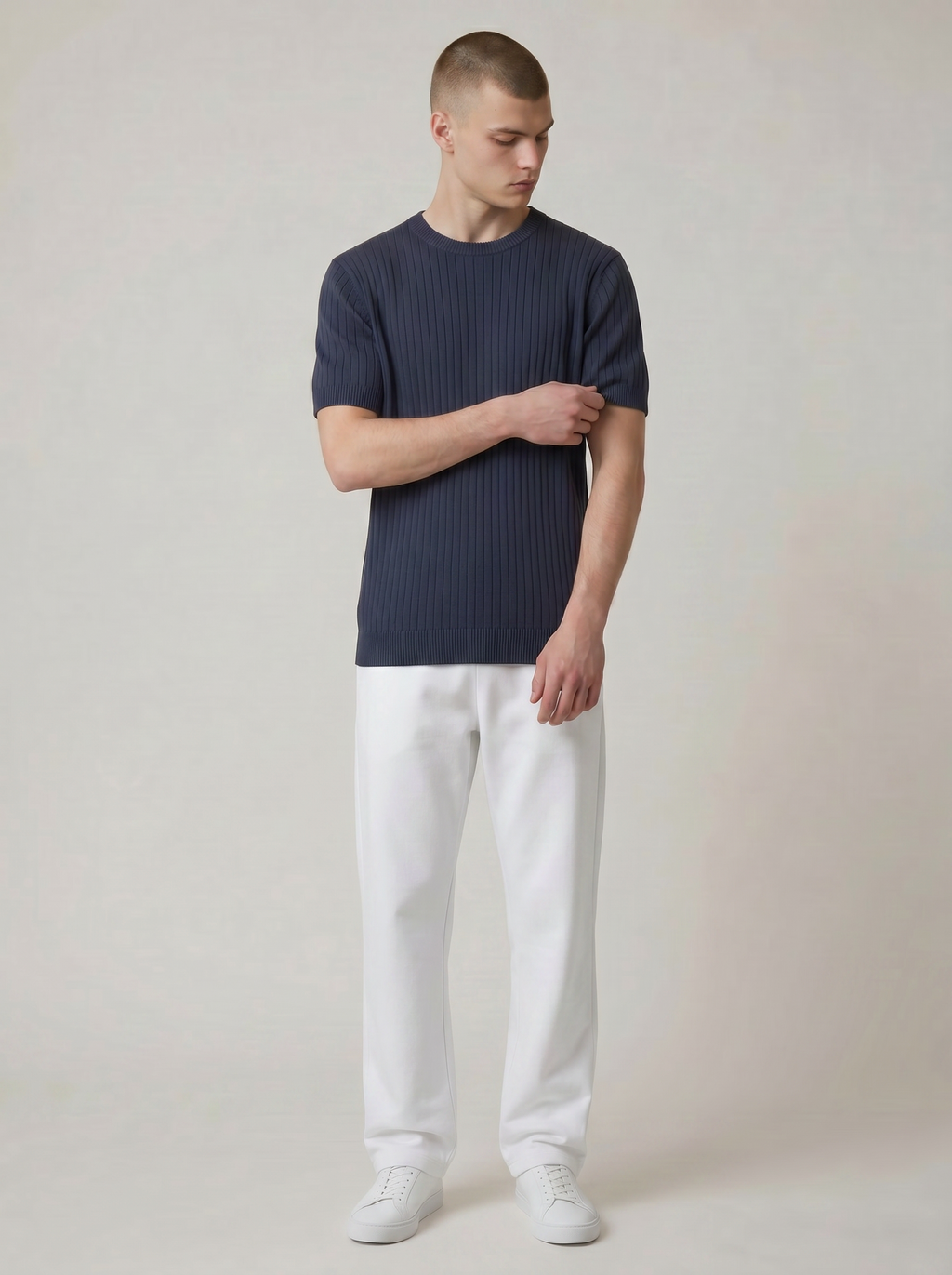 KNITTED CREW NECK T-SHIRT NAVY