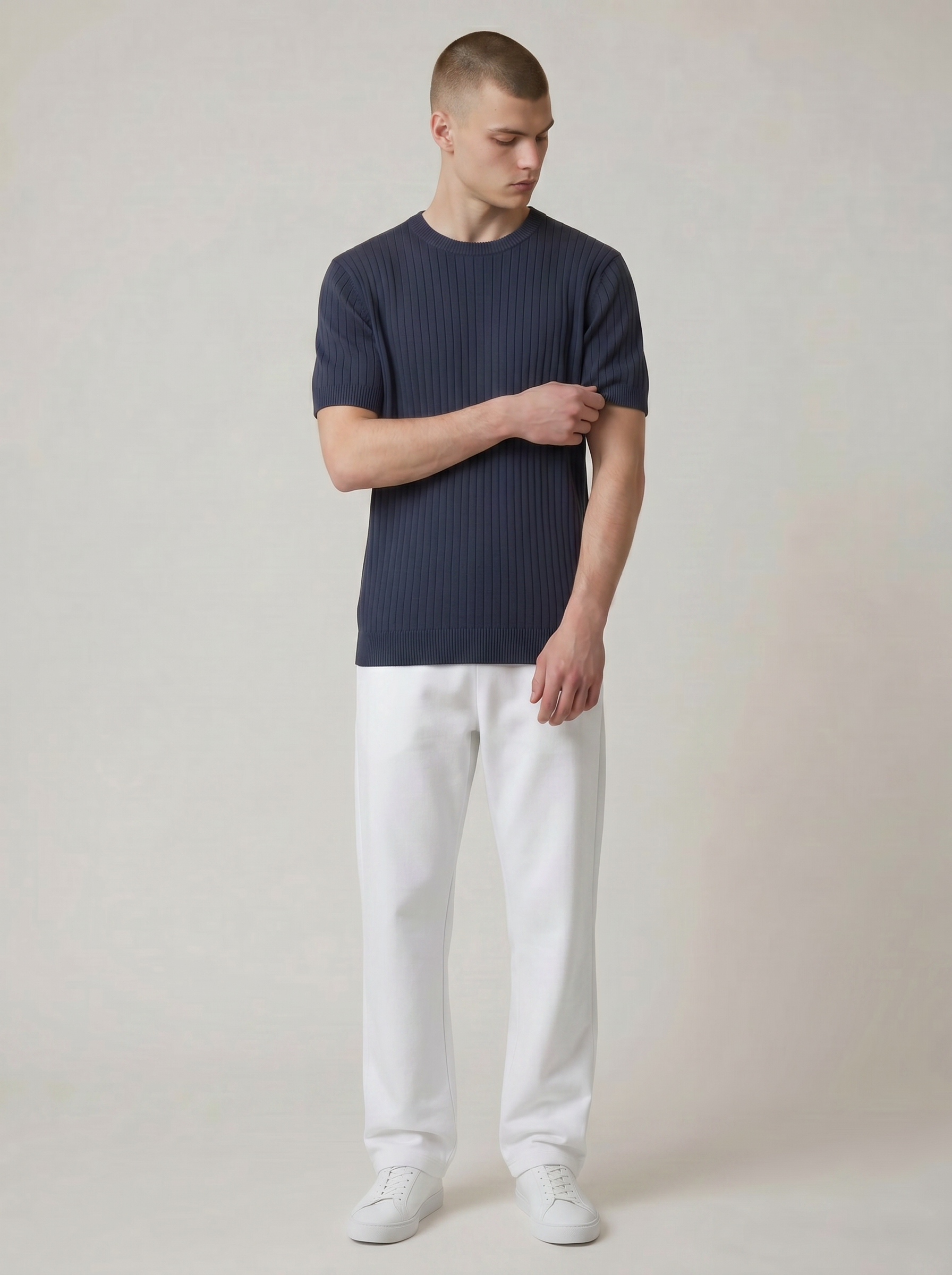 KNITTED CREW NECK T-SHIRT NAVY