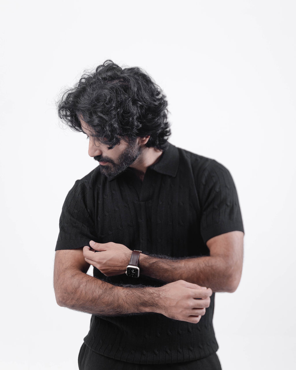 Black Collar Placket Short Sleeve Lightweight Jumper