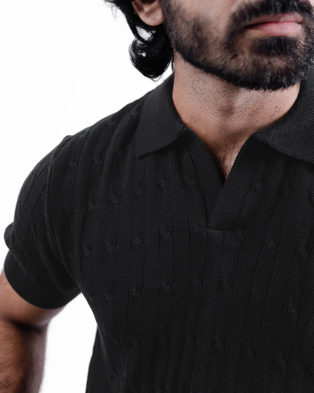 Black Collar Placket Short Sleeve Lightweight Jumper
