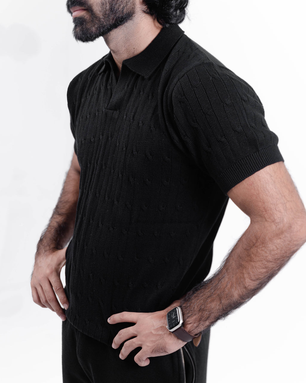 Black Collar Placket Short Sleeve Lightweight Jumper