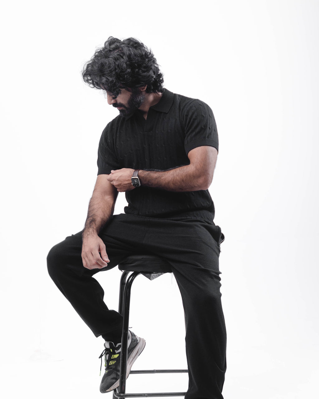 Black Collar Placket Short Sleeve Lightweight Jumper