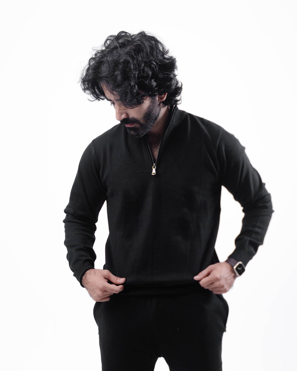 Black Half Zip Jacard Long Sleeves Jumper