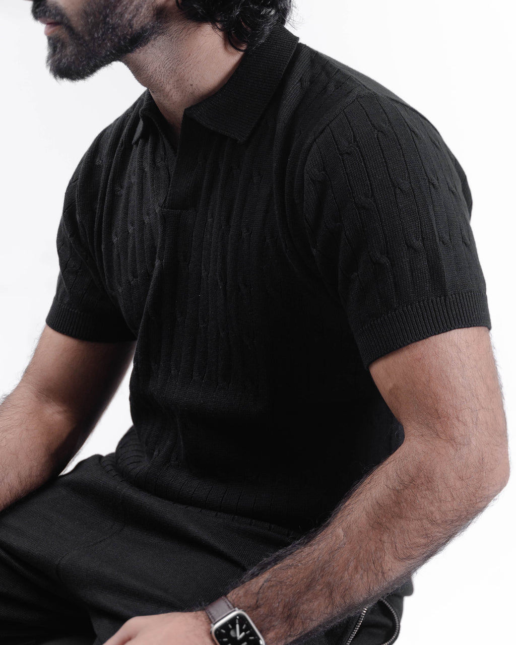 Black Collar Placket Short Sleeve Lightweight Jumper