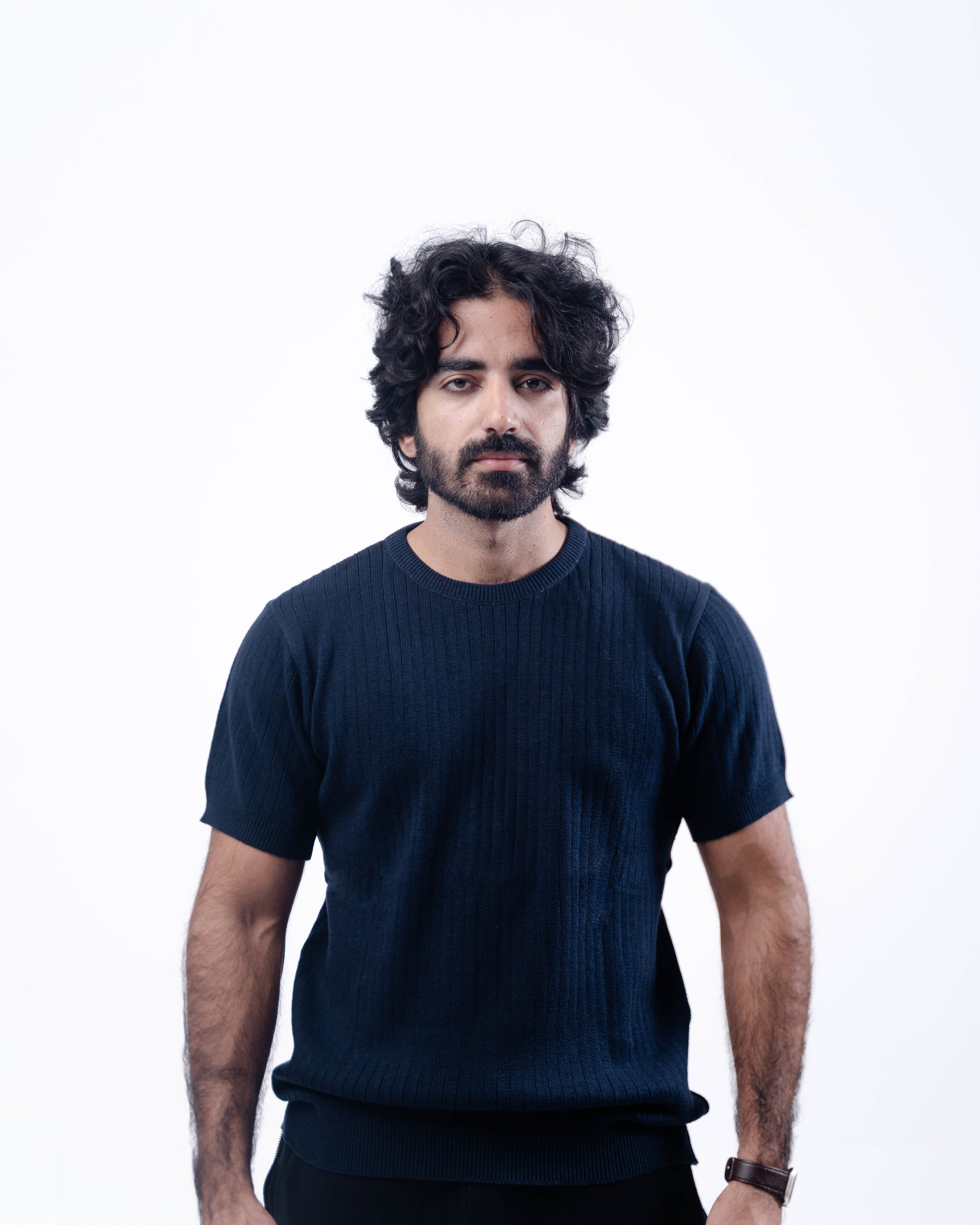 Ribbed Knit Short Sleeve Shirt (Navy)