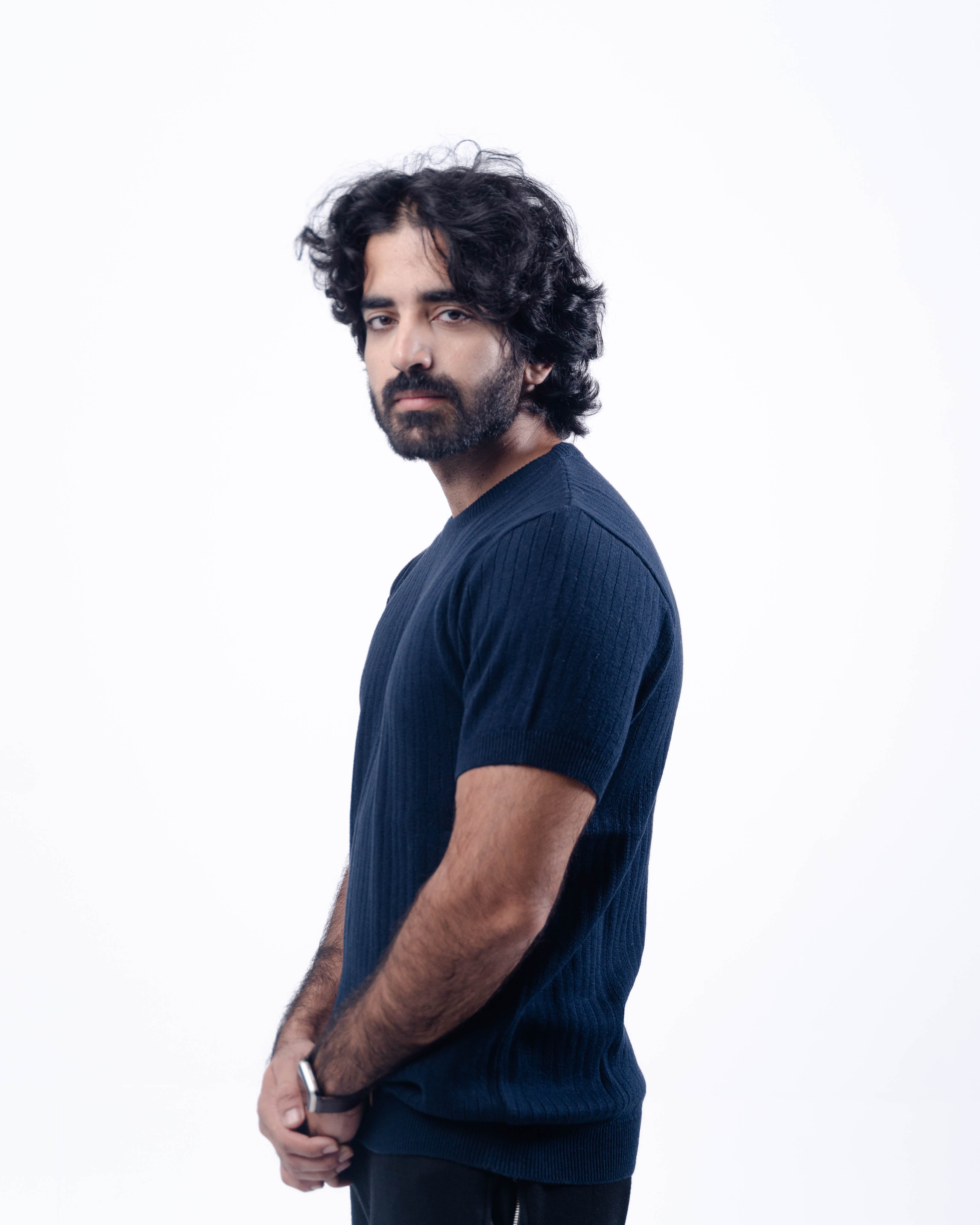 Ribbed Knit Short Sleeve Shirt (Navy)