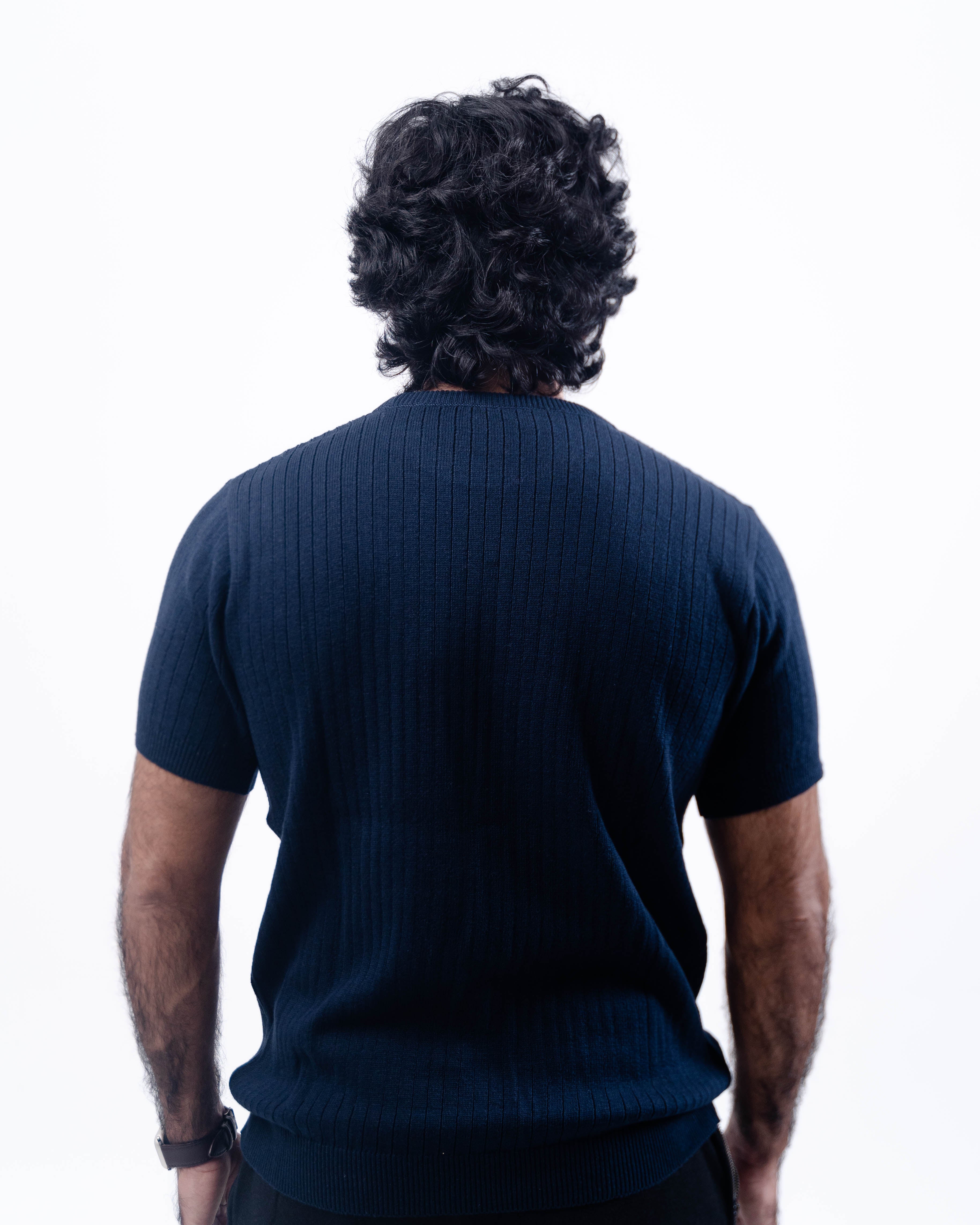 Ribbed Knit Short Sleeve Shirt (Navy)