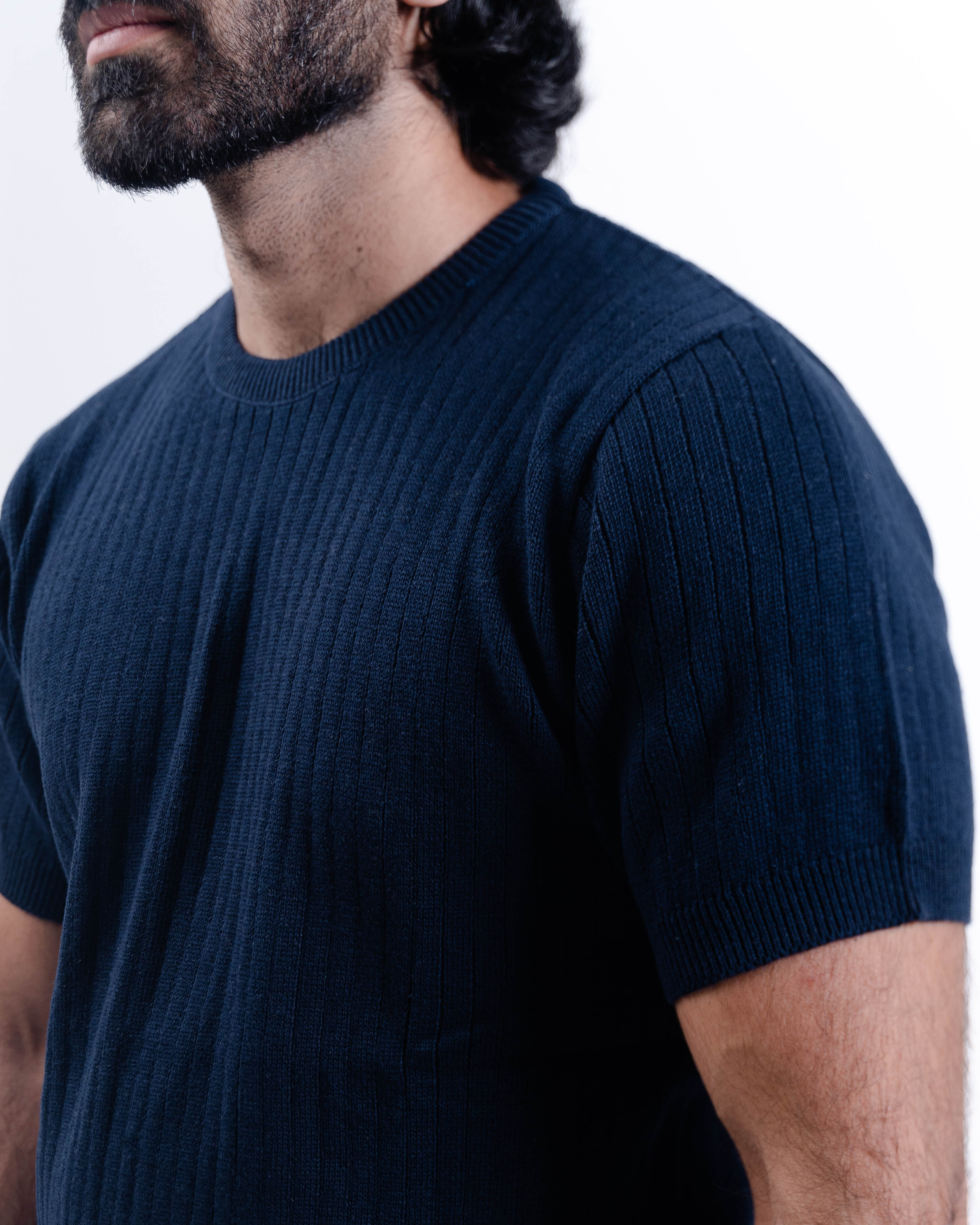 Ribbed Knit Short Sleeve Shirt (Navy)