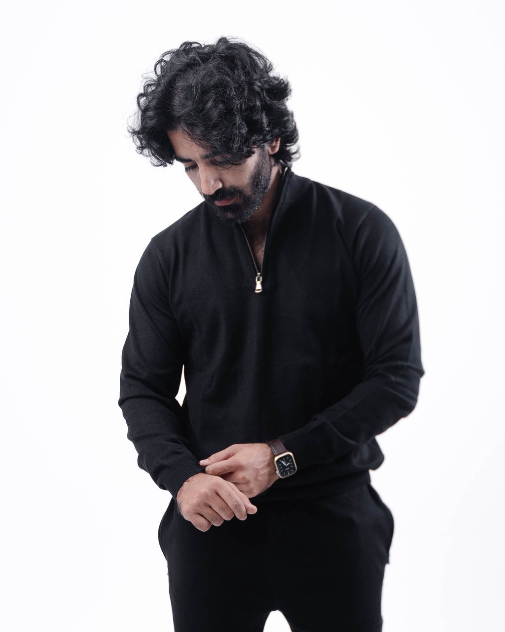Black Half Zip Jacard Long Sleeves Jumper