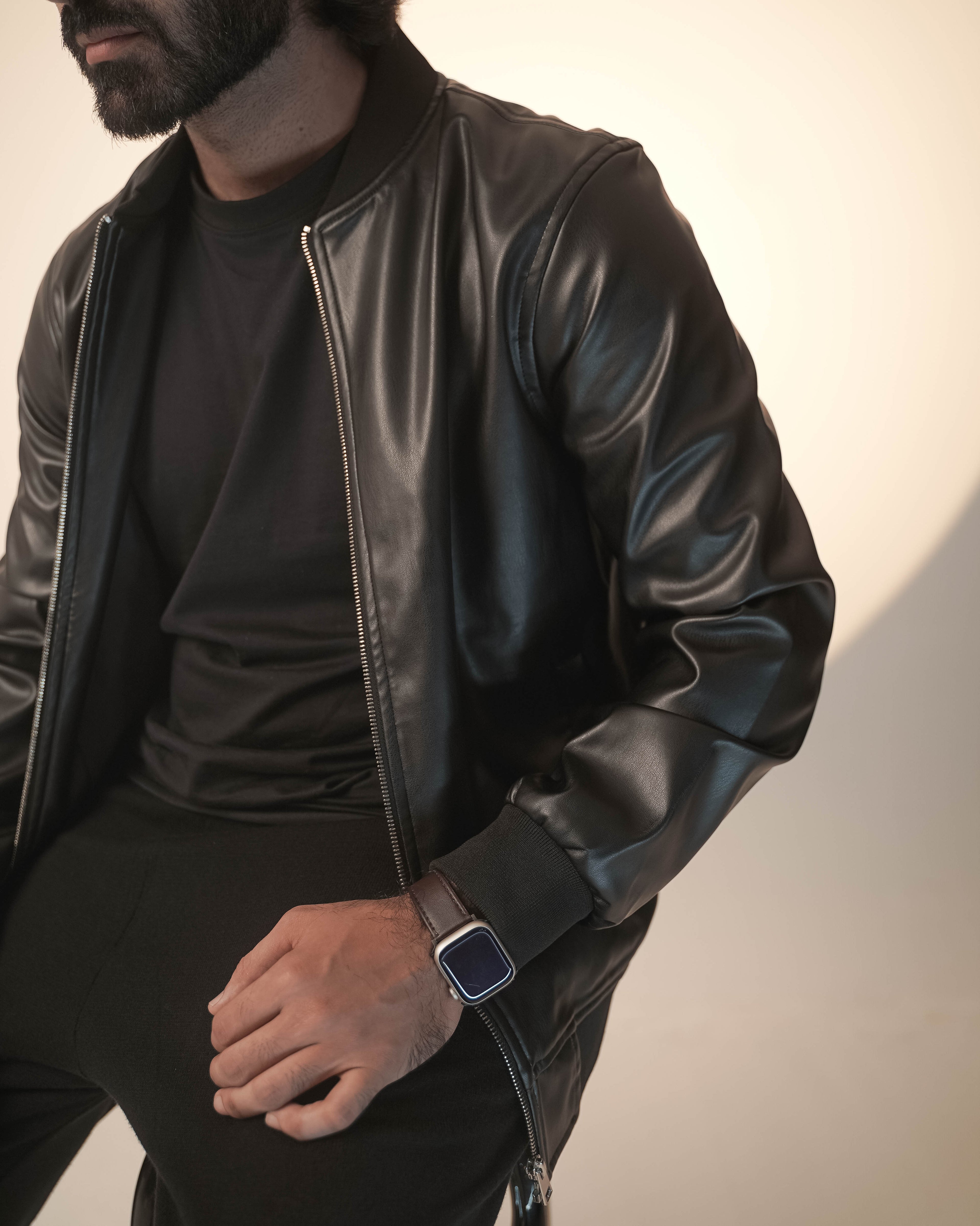 Black PU Leather Bomber Jacket