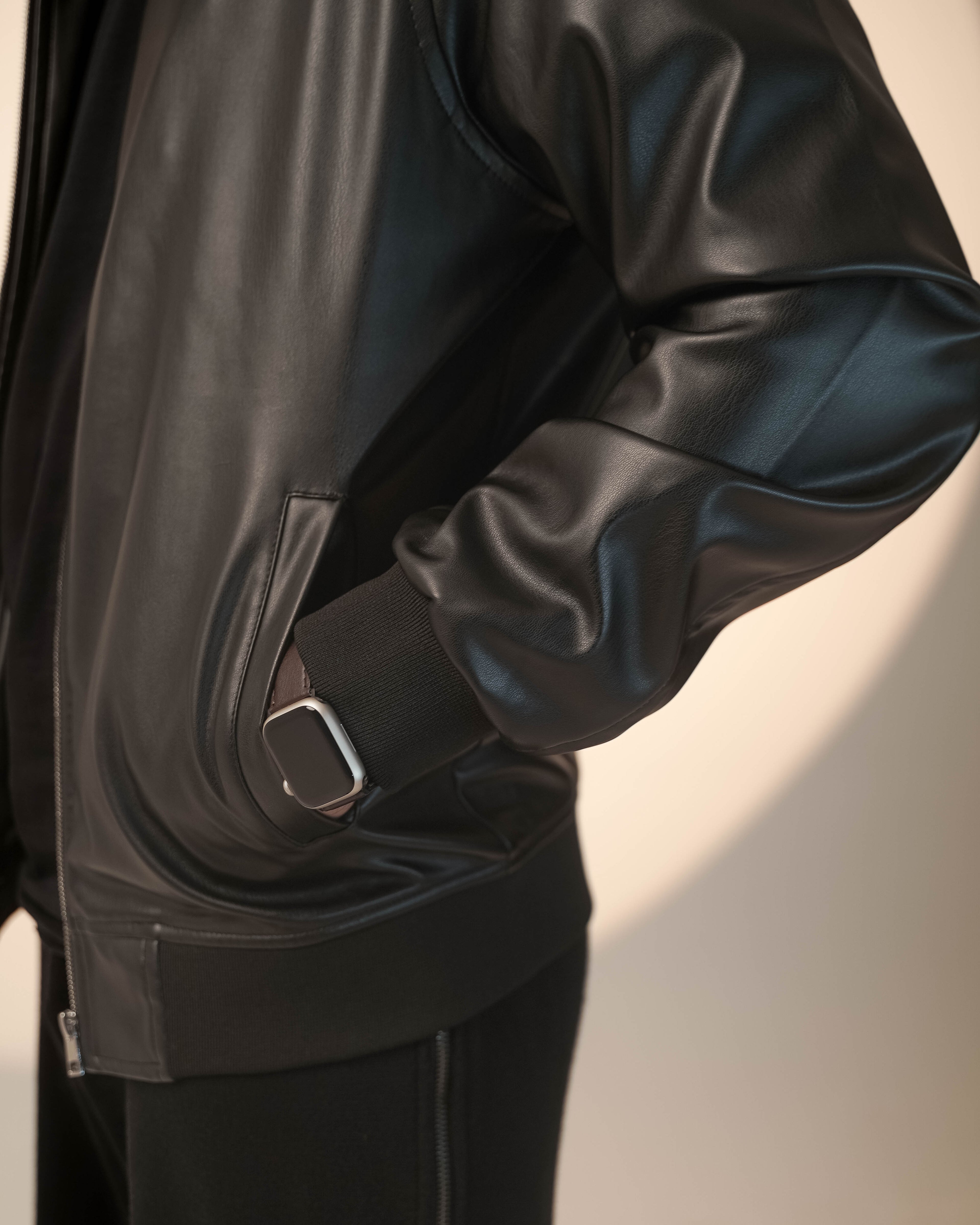 Black PU Leather Bomber Jacket