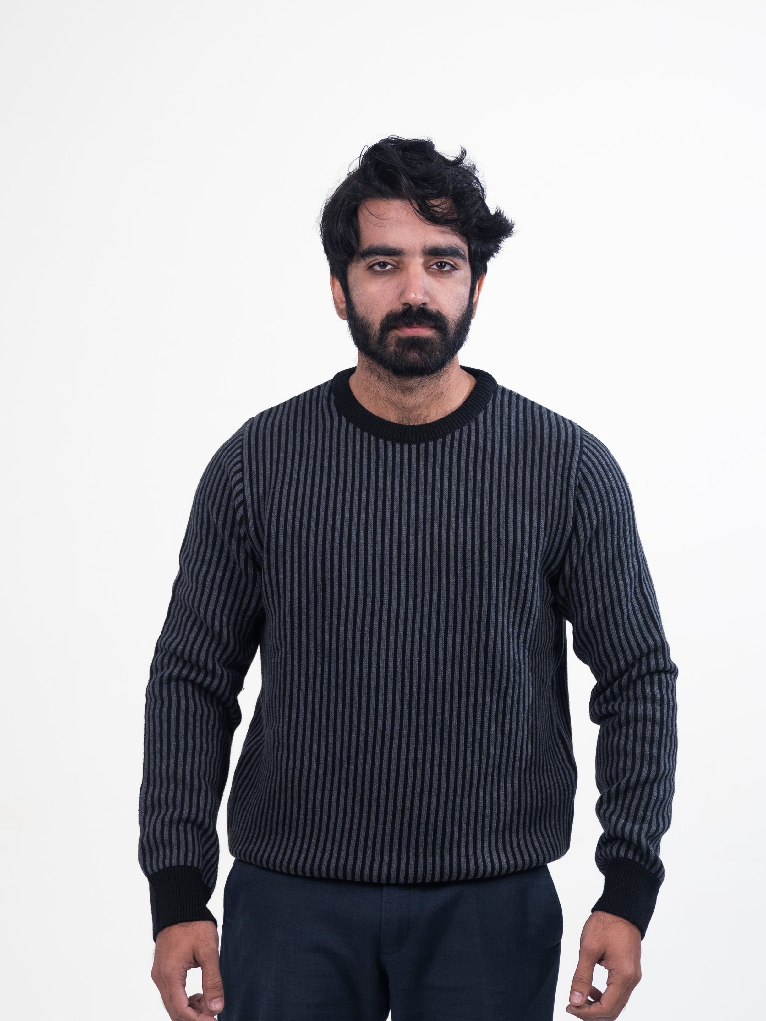 Vertical Stripe Combed Cotton Crewneck Jumper
