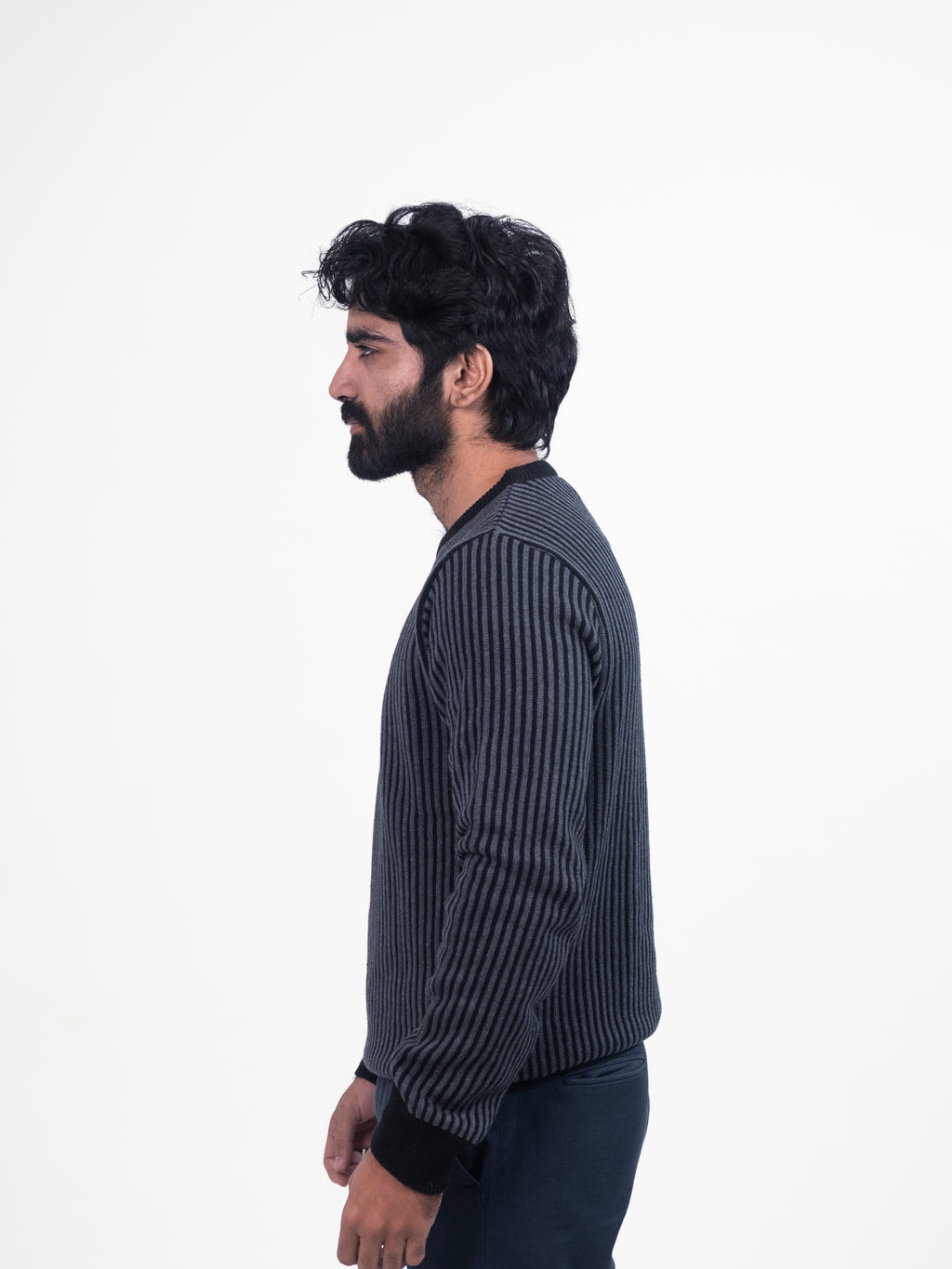 Black & Grey Stripes Round Neck Jumper