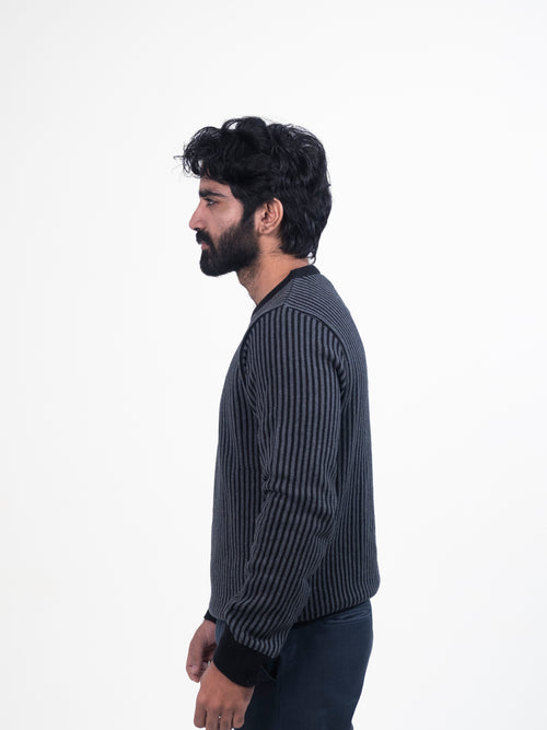 Black & Grey Stripes Round Neck Jumper