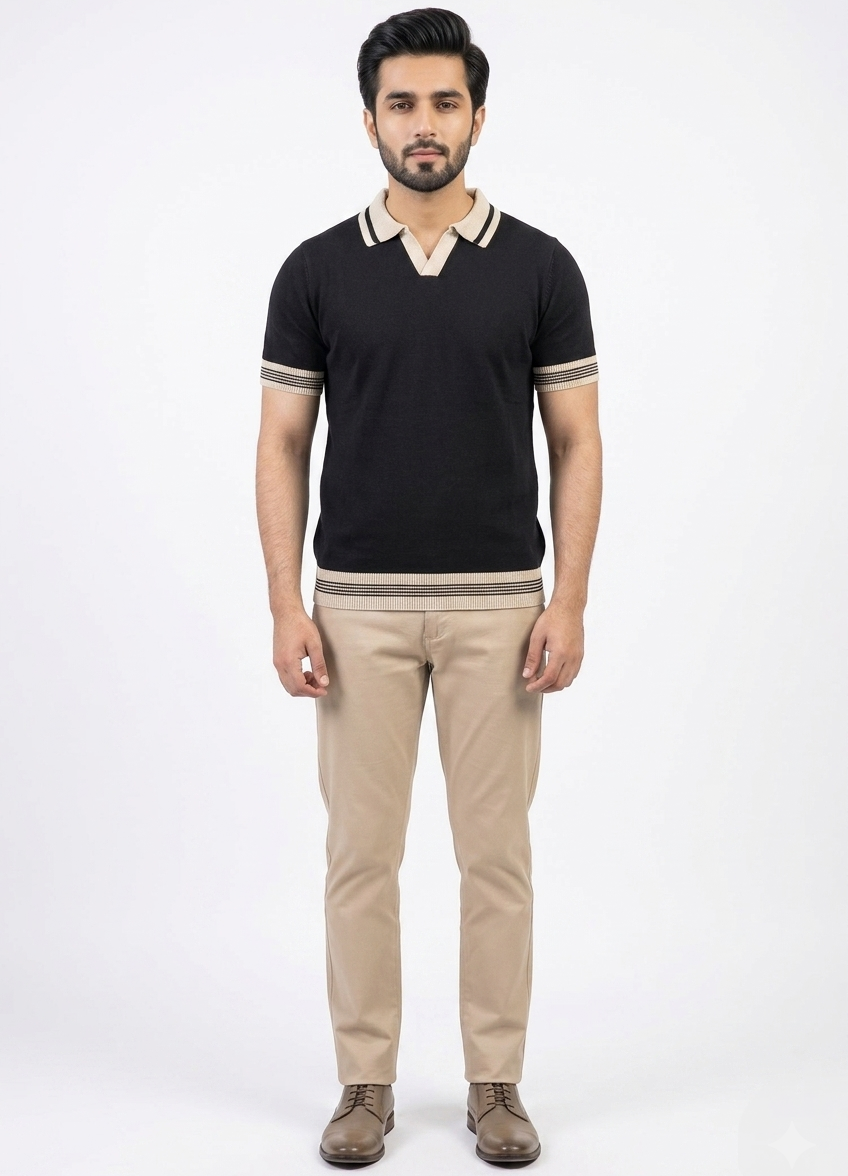 BLACK JOHNNY COLLAR KNITTED POLO