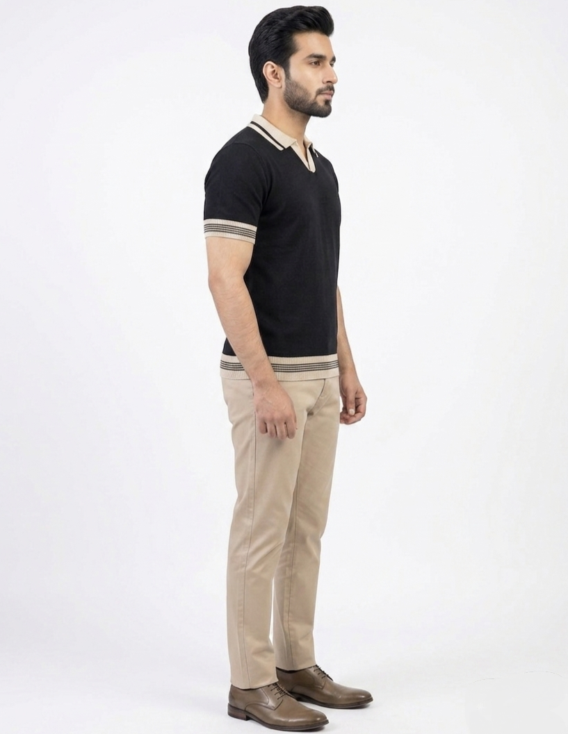 BLACK JOHNNY COLLAR KNITTED POLO