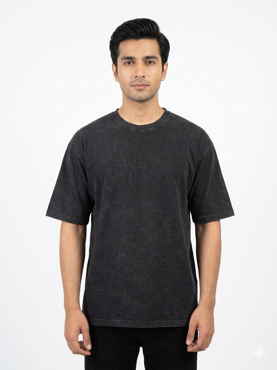 TJ Relax Fit Black Acid Washed T-Shirt