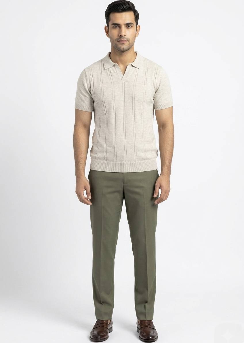 BEIGE TEXTURED KNITTED POLO