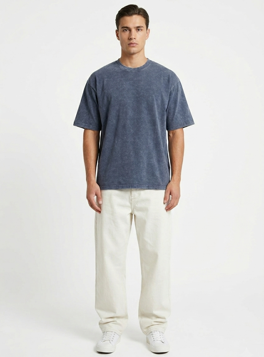 NAVY ACID WASH OVERSIZED TEE