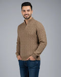 Brown Collar Placket Cable Knit Jumper
