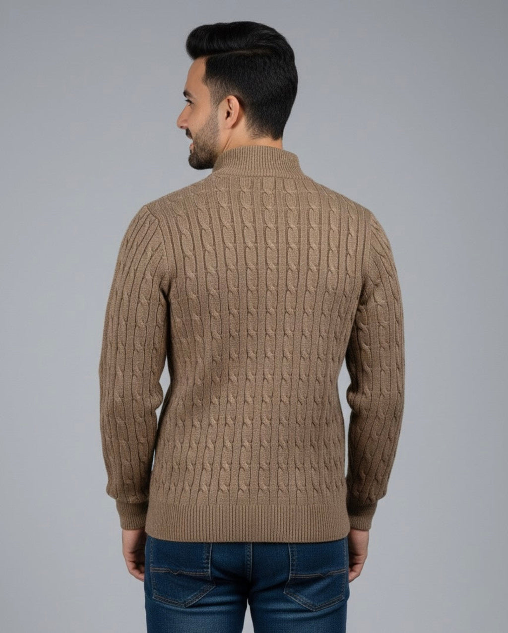 Brown Collar Placket Cable Knit Jumper