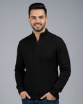 Black Collar Placket Cable Knit Jumper