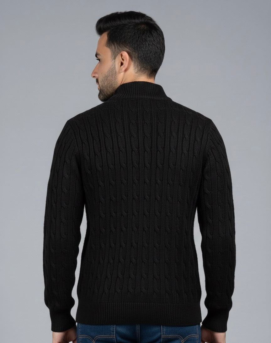Black Collar Placket Cable Knit Jumper
