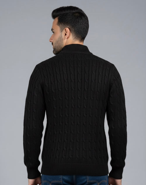 Black Collar Placket Cable Knit Jumper