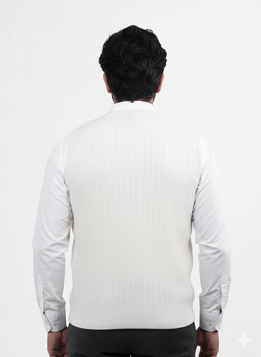 White V-Neck Jacquard Jumper Sleeve Less