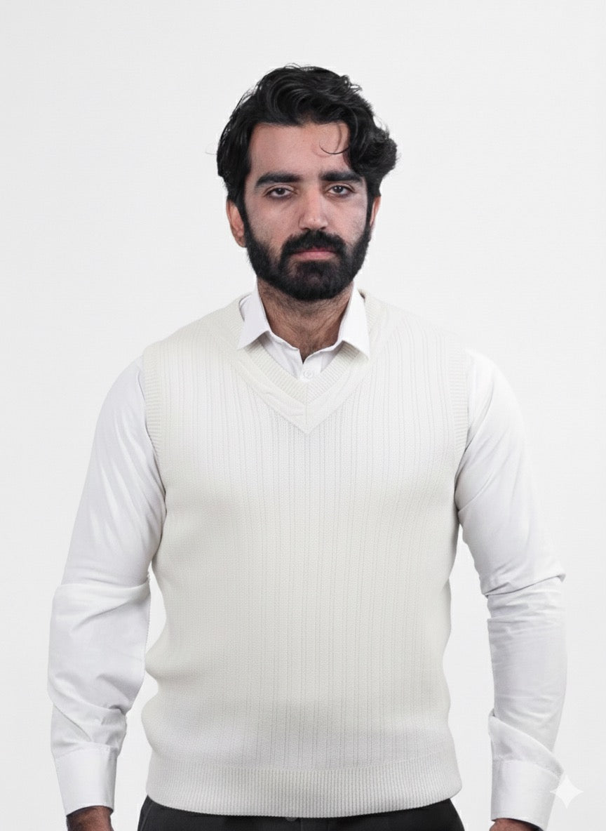 White V-Neck Jacquard Jumper Sleeve Less