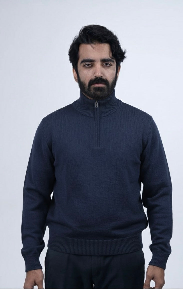 Navy Combed Cotton Quarter-Zip Mock Neck Jumper