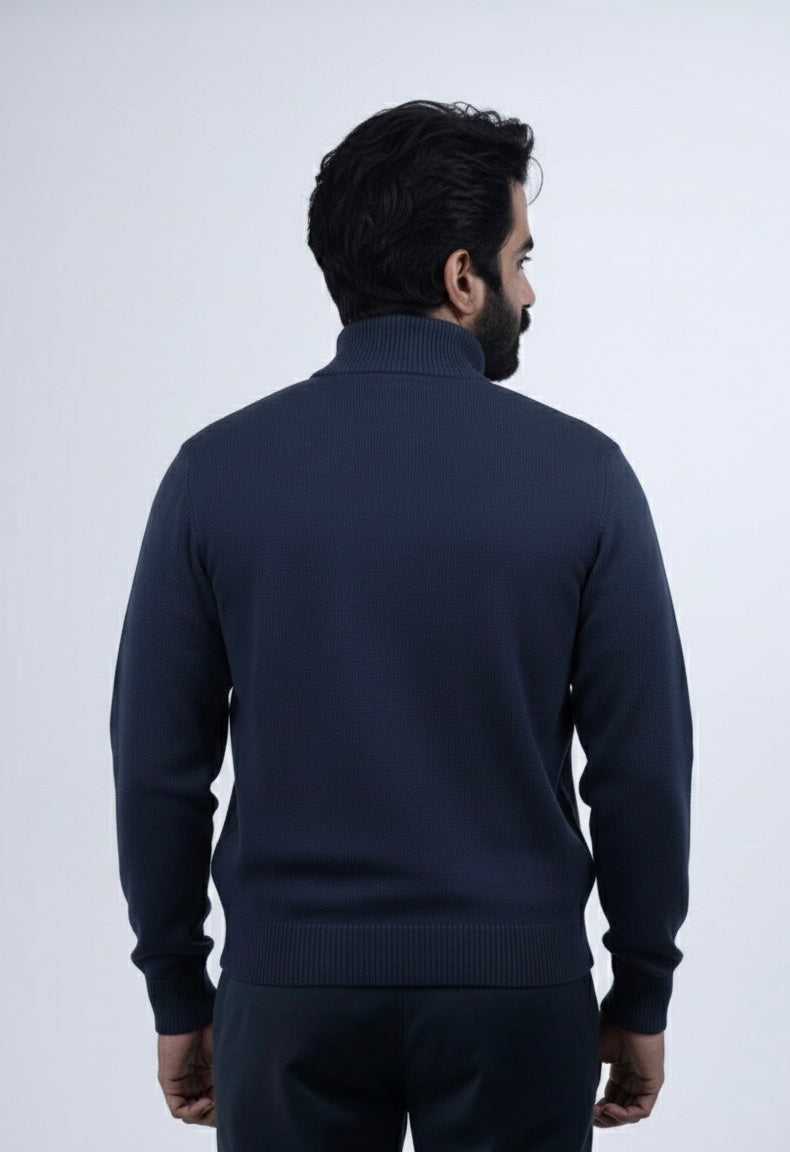 Navy Combed Cotton Quarter-Zip Mock Neck Jumper