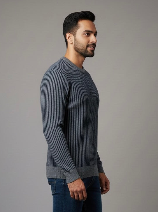 Navy & Grey Stripes Round Neck Jumper