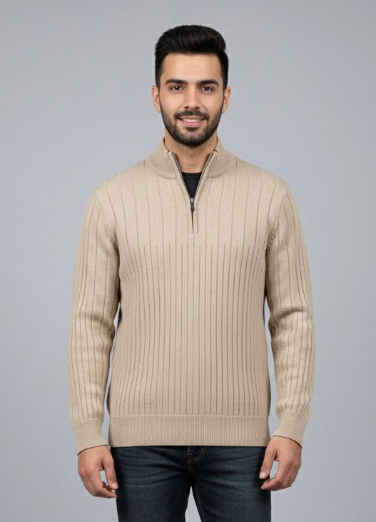 Beige Half Zip Jacard Long Sleeve