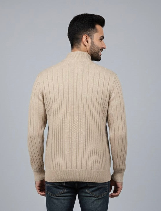 Beige Half Zip Jacard Long Sleeve