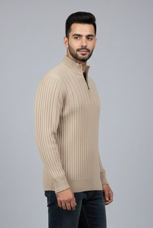 Beige Half Zip Jacard Long Sleeve