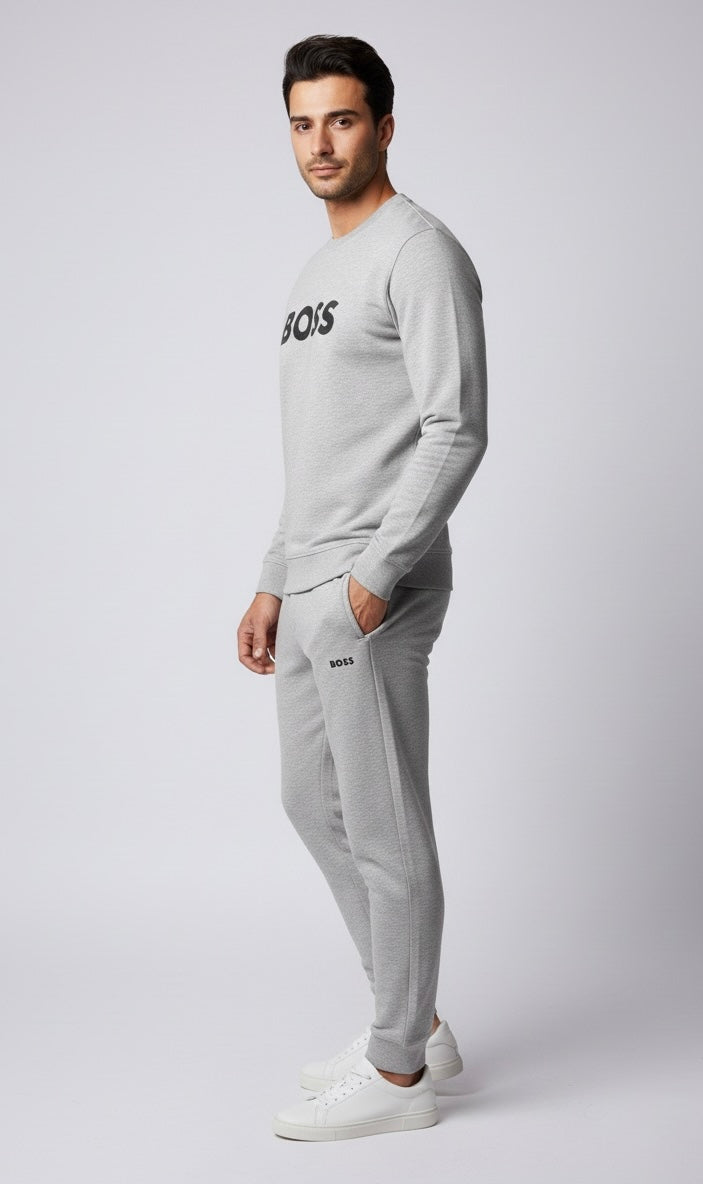 Boss Heather Grey HD Prinitng Round Neck Tracksuit