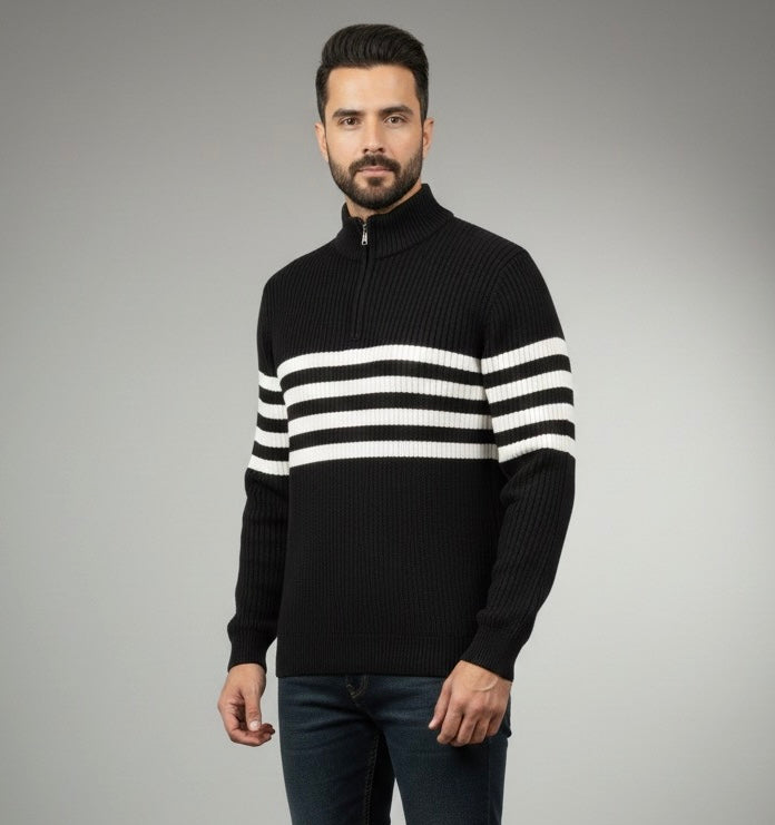 Black & White Half Zip Jacard Full Sleeves Jumper