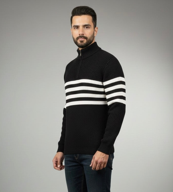 Black & White Half Zip Jacard Full Sleeves Jumper