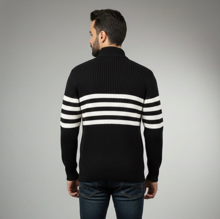 Black & White Half Zip Jacard Full Sleeves Jumper