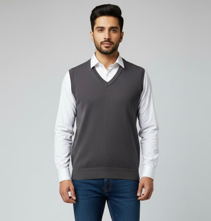 Grey V-Neck Combed Cotton Sleeve Less Jumper