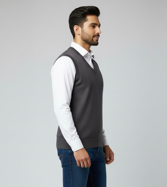 Grey V-Neck Combed Cotton Sleeve Less Jumper