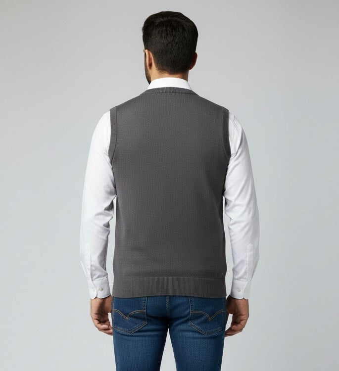 Grey V-Neck Combed Cotton Sleeve Less Jumper