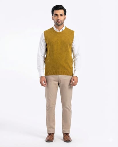 Acrylic Round Neck Sleeve Less Rust Color Jumper
